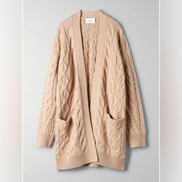 Aritzia Wilfred 100% Merino Wool Longline Fisherman Knit Open Tan Cardigan XS - Picture 3 of 9